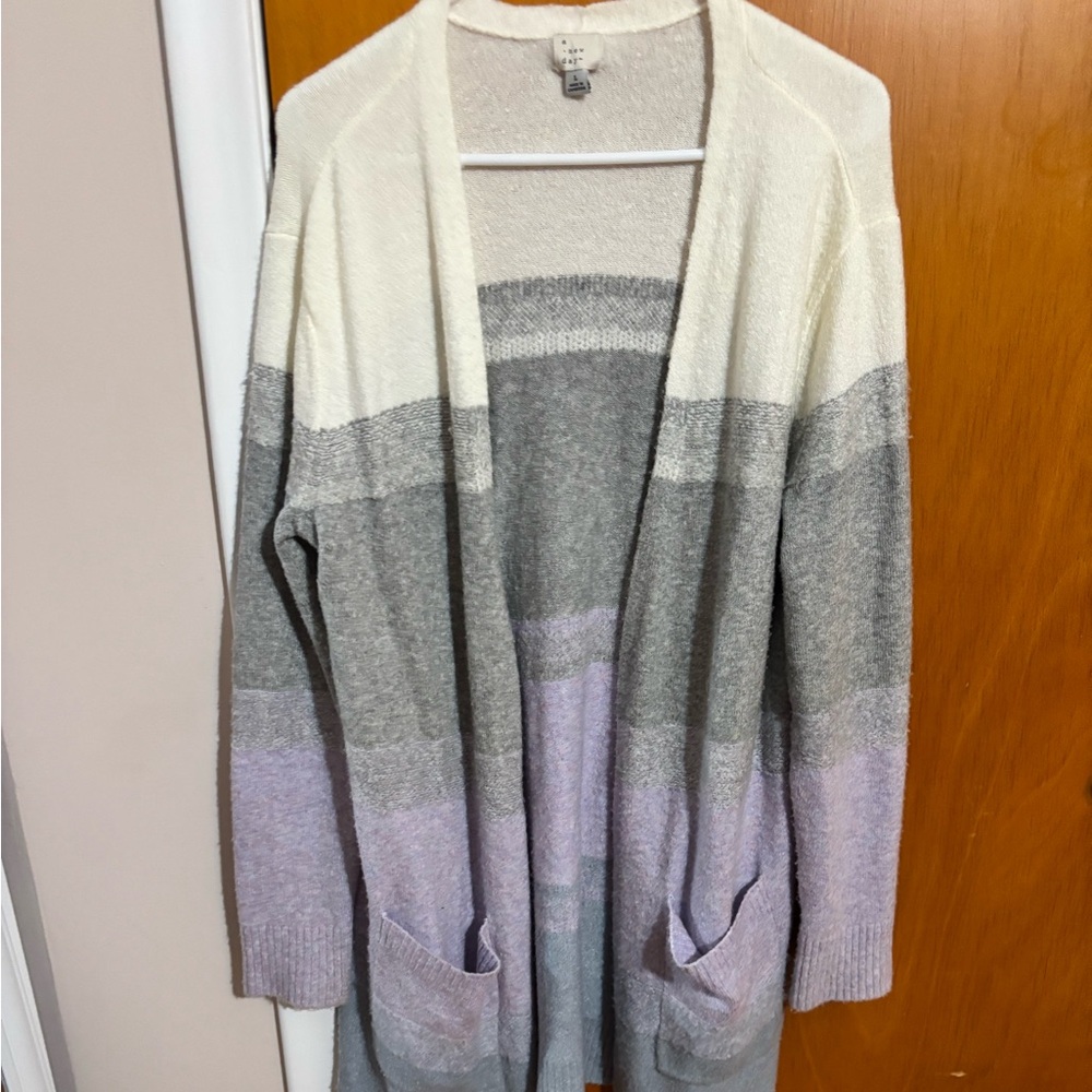 a new day Gray Cream and Purple Color Block Cardigan Sweater